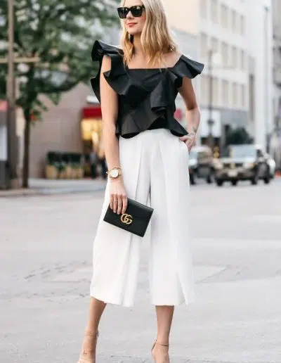 outfit con pantalon blanco y negro
