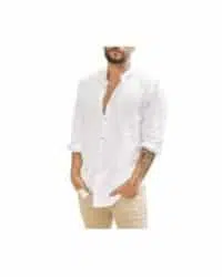 camisa blanca de algodon y lino manga larga para hombre