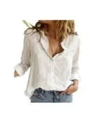 camisa blanca de lino con cuello mao y manga larga para mujer