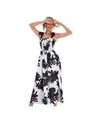 Outfit de maxi vestido blanco y negro estampado floral 】