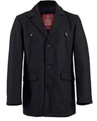 Abrigo de paño negro con solapa y bolsillos con cierre
