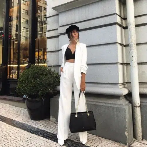 Outfit formal para mujer con blanco y crop top negro 】