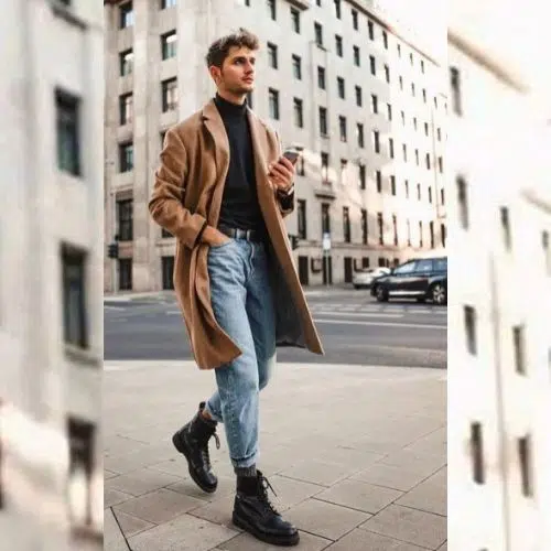 Outfit casual urbano para hombre con jeans, trench y botas