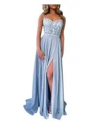 Outfit para fiesta con vestido azul cielo largo con diadema 