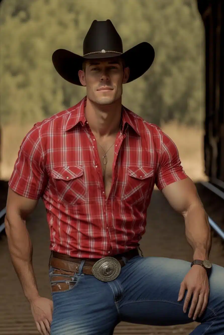 Outfit de hombre vaquero con camisa a cuadros roja de manga corta
